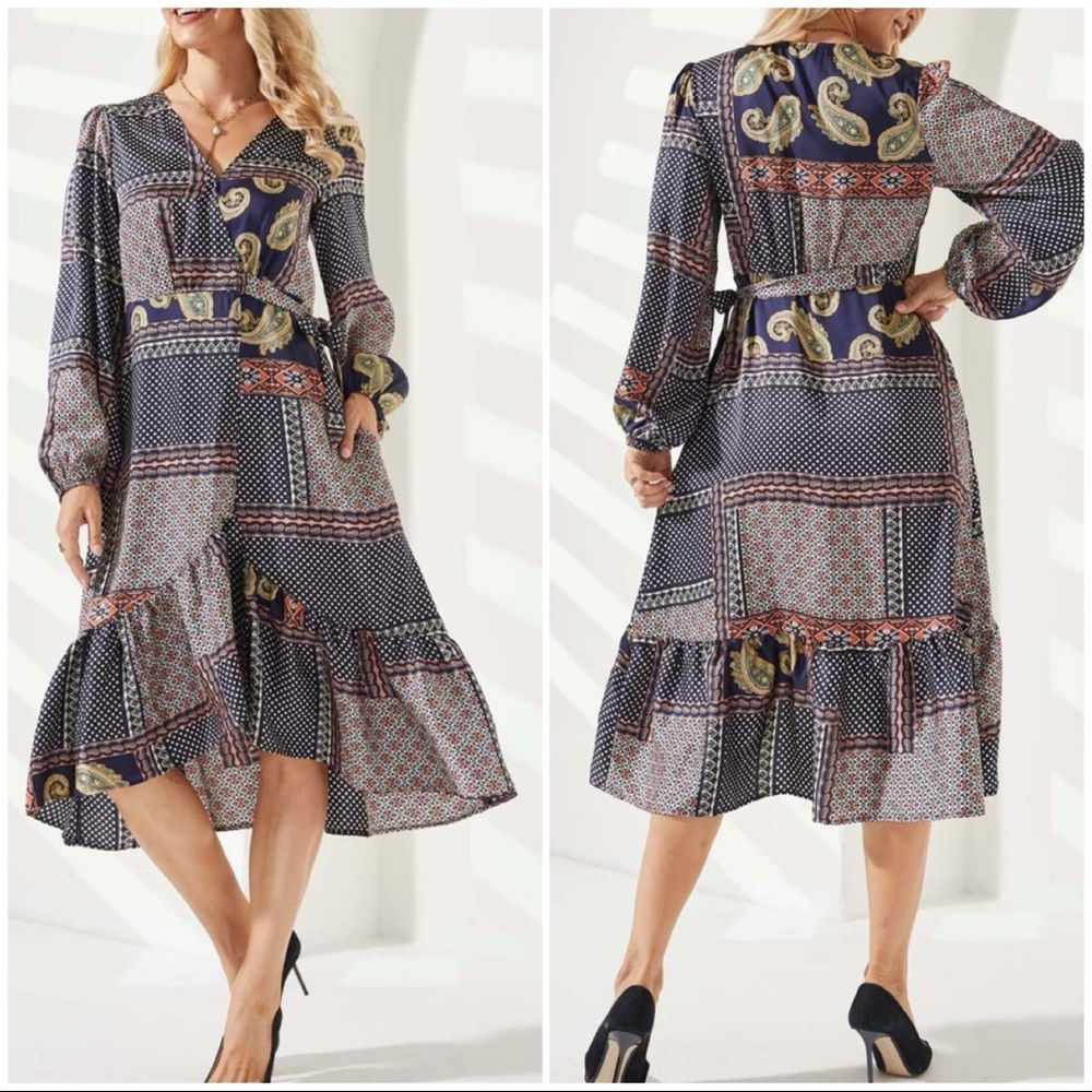 Navy Paisley and Floral V-Neck Ruffle Trim Wrap Dress Size Medium